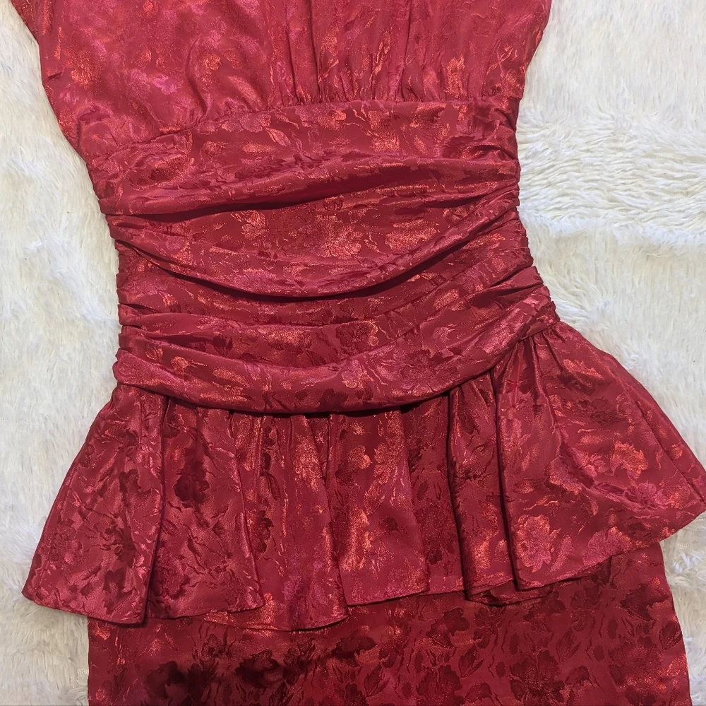 80s Vintage Jodi Schwartz Satin Peplum Ruched Waist Button Back Dress Size 3 - Picture 3 of 14